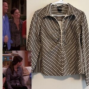 ASO Friends Monica Geller Office Stripe V Neck Collared Top - Size Medium Petite